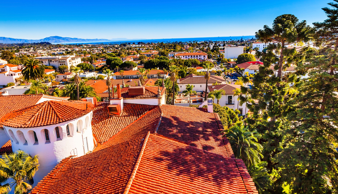 orange rooftops of court house buildings in santa barbara california