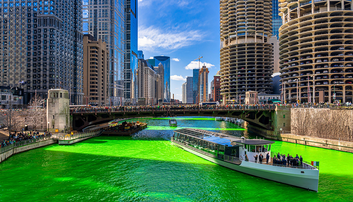 Chicago building and cityscape on Saint Patrick's day around Chicago river walk with green color dye in the river in Chicago Downtown, illinois, USA, crow