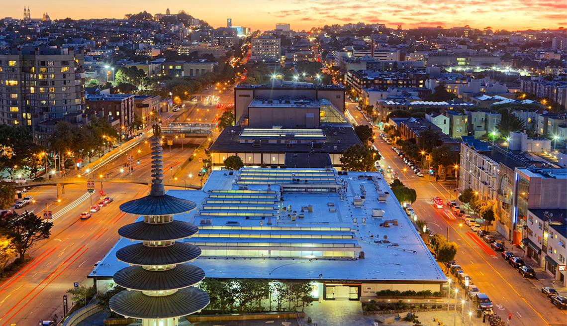 japantown as part of the san francisco skyline at sunset
