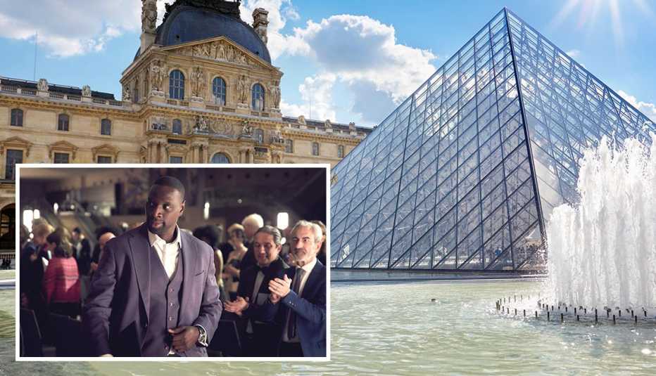 the louvre museum in paris france inset omar sy in lupin