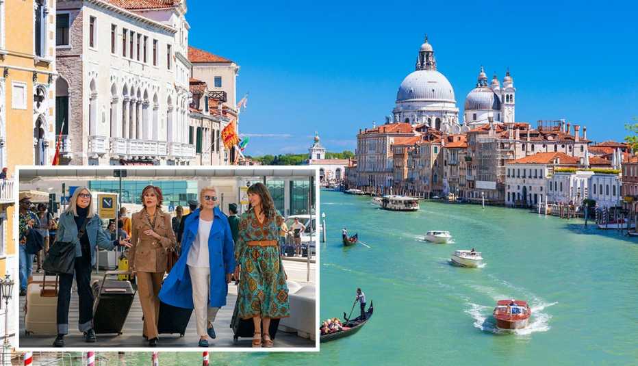 the grand canal in venice italy inset mary steenburgen jane fonda diane keaton and candice bergen in the book club two