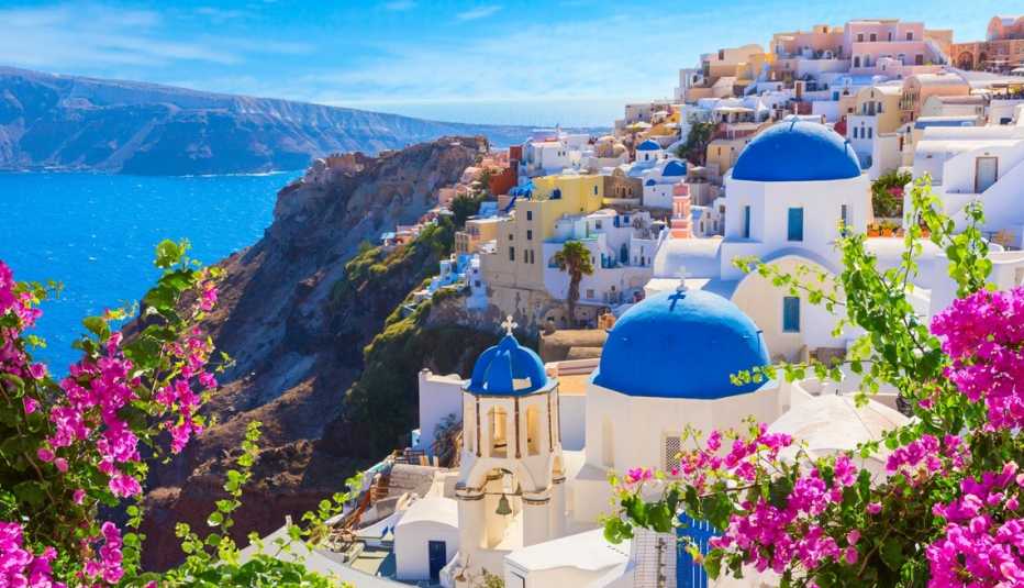 flowers in front of the domed blue and white buildings of santorini greece sitting over the agean sea