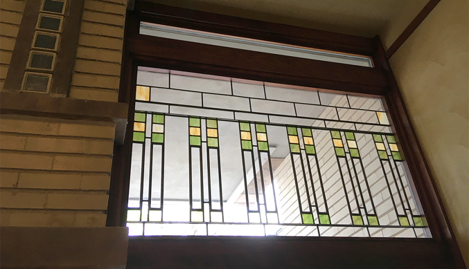 Glass designed by Frank Lloyd Wright inside the Historic Park Inn hotel in Mason City, Iowa