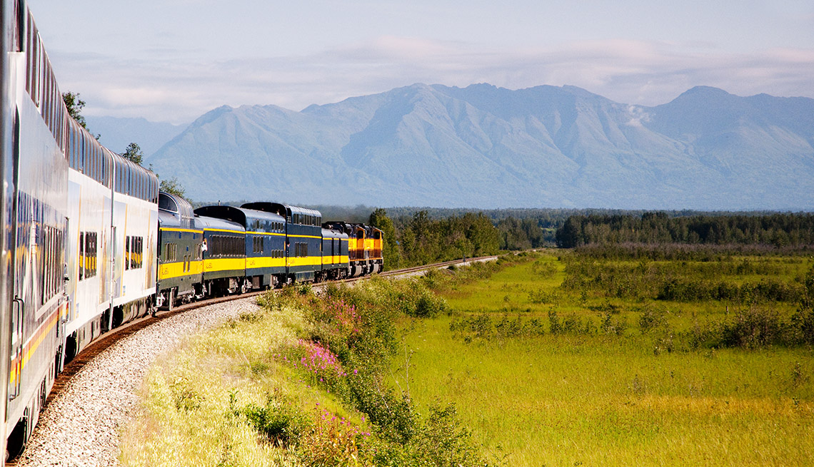 A moving train to Denali is set against a backdrop of an Alaskan landscape with mountains and valleys.