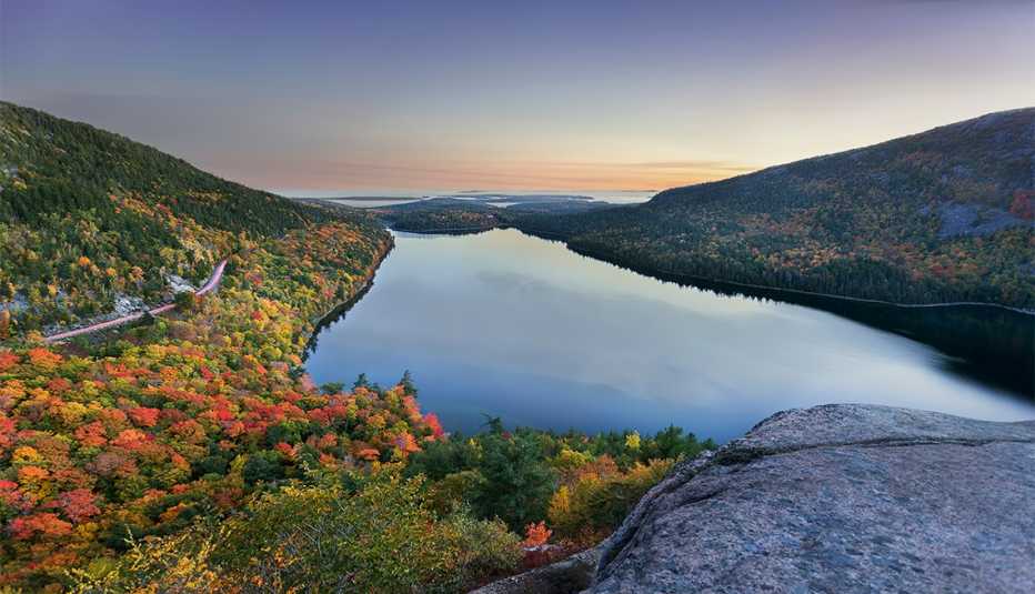 View of Jordan pond from top of South bubble mountain at dusk