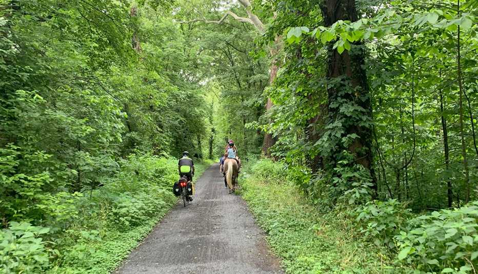a cyclists bikes alongside a person on a horse on the The Great Allegheny Passage