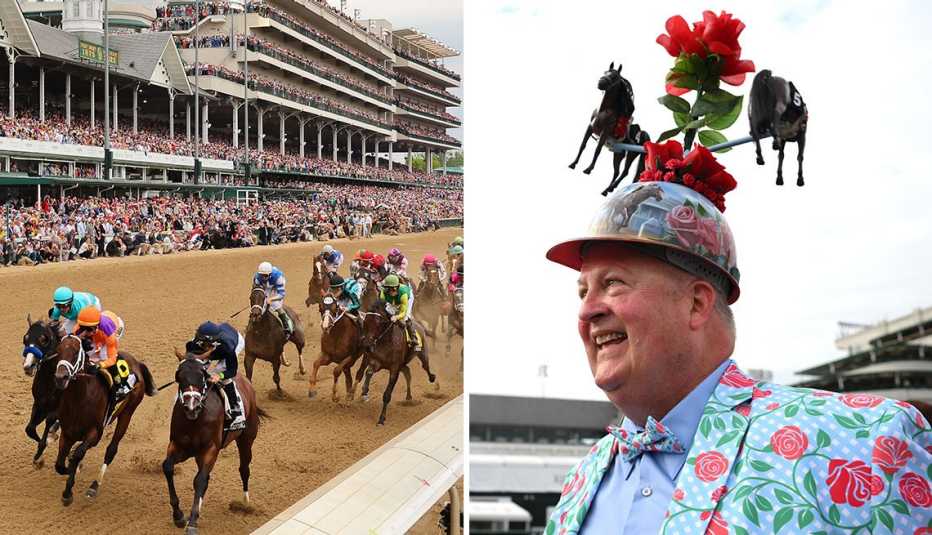 left horses and jockeys race at the the one hundred and forty ninth kentucky derby in louisville kentucky in twenty twenty three right a derby attendee wearing a hat with toy horses on it