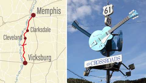 road map with blues highway Rt 61 highlighted; legendary Crossroads sign with guitars at intersection of  Rt 61 and 49