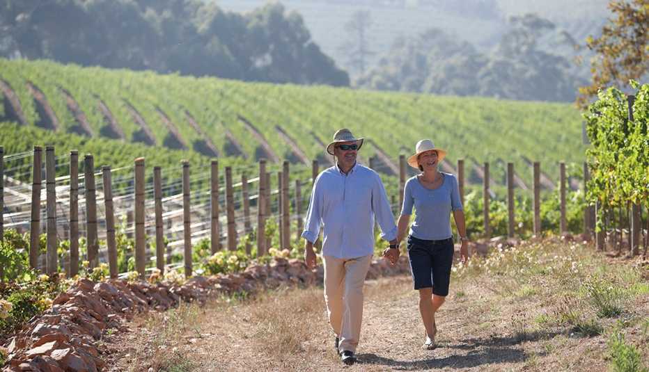 Couple walking together on an organic wine farm