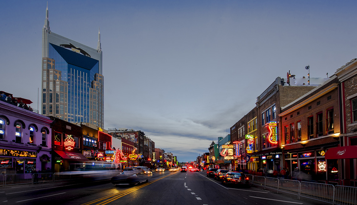 Broadway Street at Twilight in the heart of downtown Nashville, Tennessee