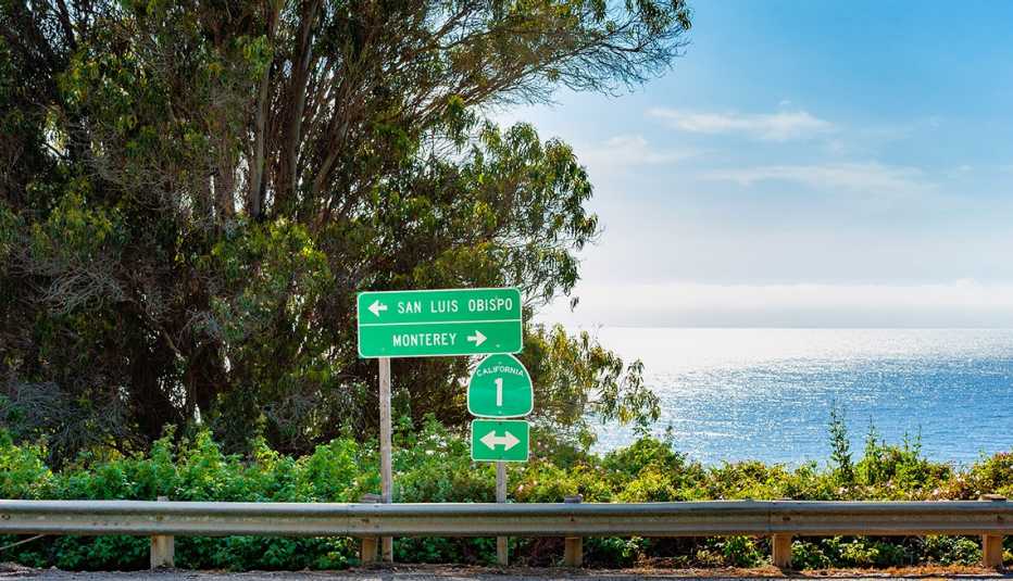 Directional Signs to San Luis Obispo and Monterey along Highway 1 in Big Sur, California