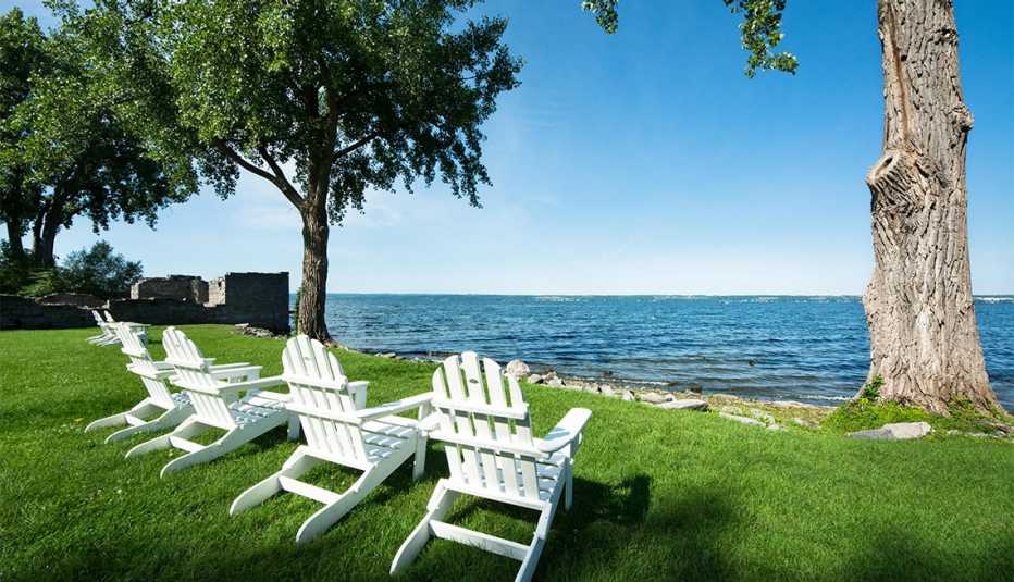  Adirondack chairs for relaxing along the shoreline of Cayuga Lake, Aurora, New York