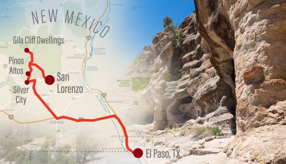 combined image of a map of new mexico showing the route of a road trip and a photo of the gila cliff dwellings which is a stop along the route