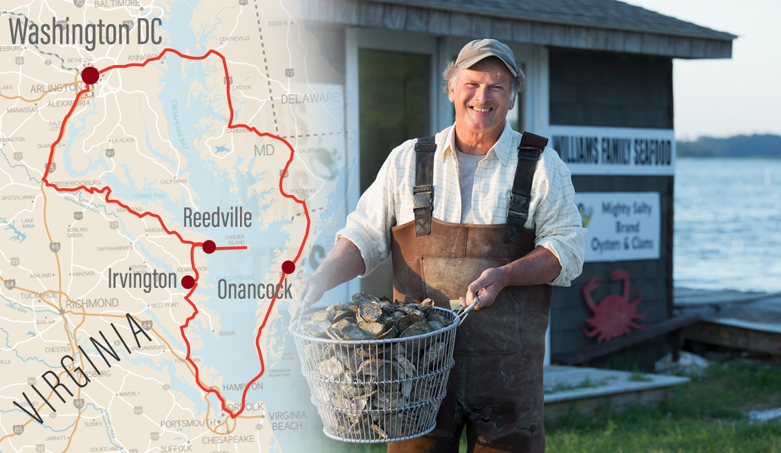 road trip map of virginias northern neck collaged with a photo of a fisherman holding a bushel of oysters on the chesapeake bay