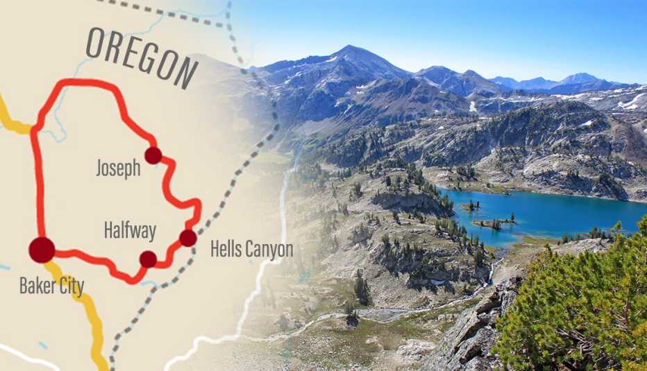 left a map showing a route from baker city through hells canyon in a loop right a photo of glacier lake in oregon