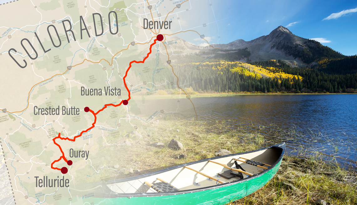 combined image of a map of colorado with a road trip form denver to telluride highlighted and a photo of a mountain lake from along the route