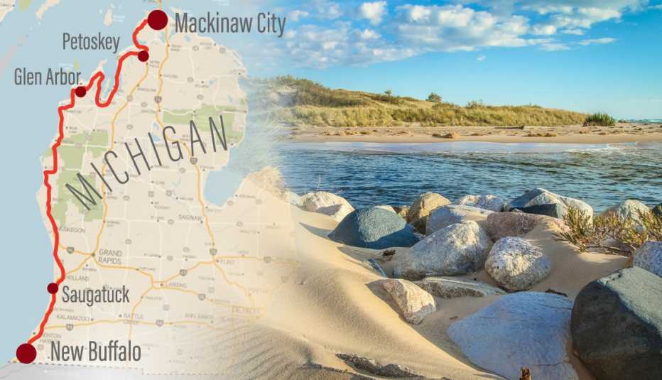 combined image of a map of michigan with the route of a road trip up the west coast highlighted and a photo of a lake beach from along the route