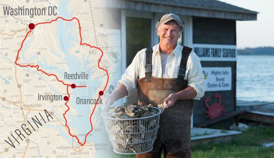 road trip map of virginias northern neck collaged with a photo of a fisherman holding a bushel of oysters on the chesapeake bay