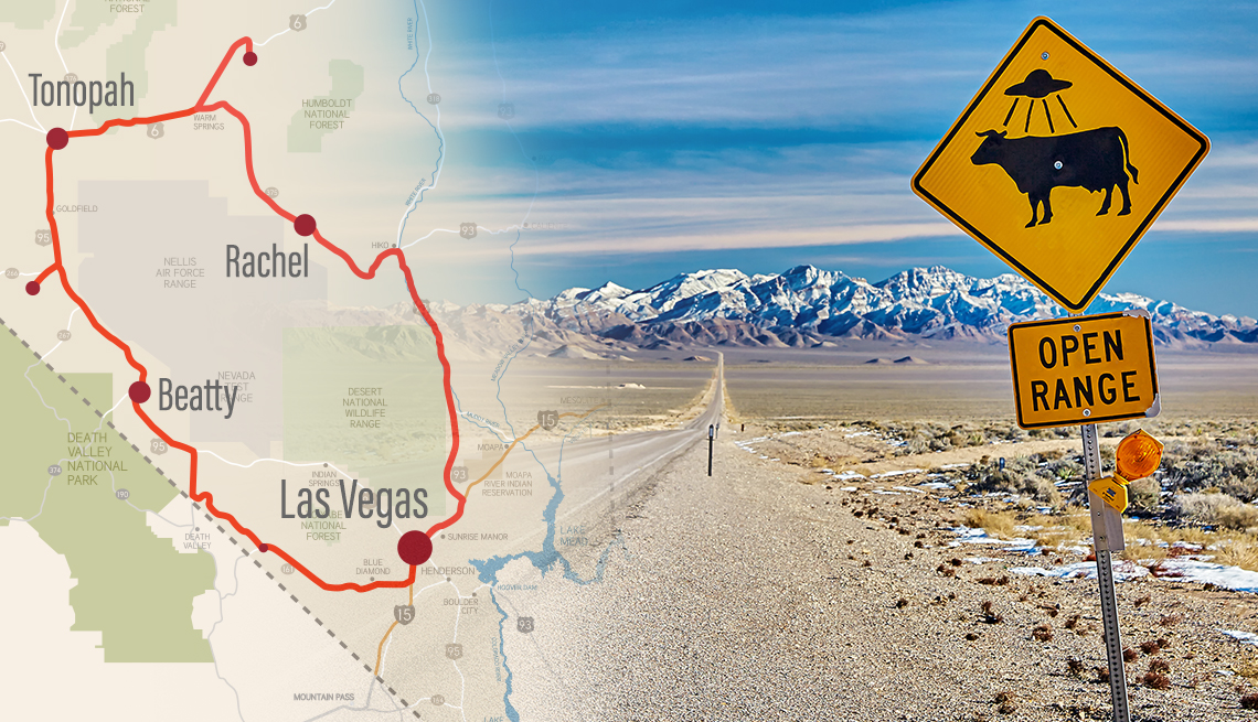 road map of nevada with a route outlined in red and collaged with a photo of a funny u f o road sign along a desert road