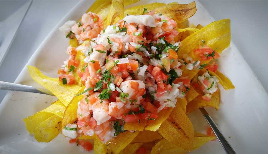 ceviche and plaintain chips