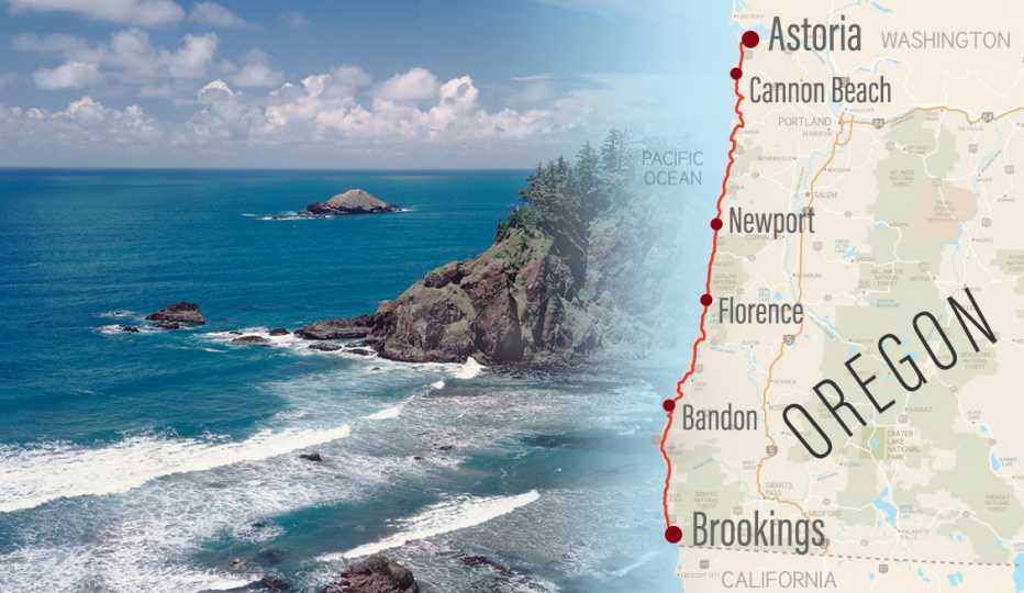 road map of oregon with a route and city stops highlgihted superimposed with a dramatic photo of the oregon coast