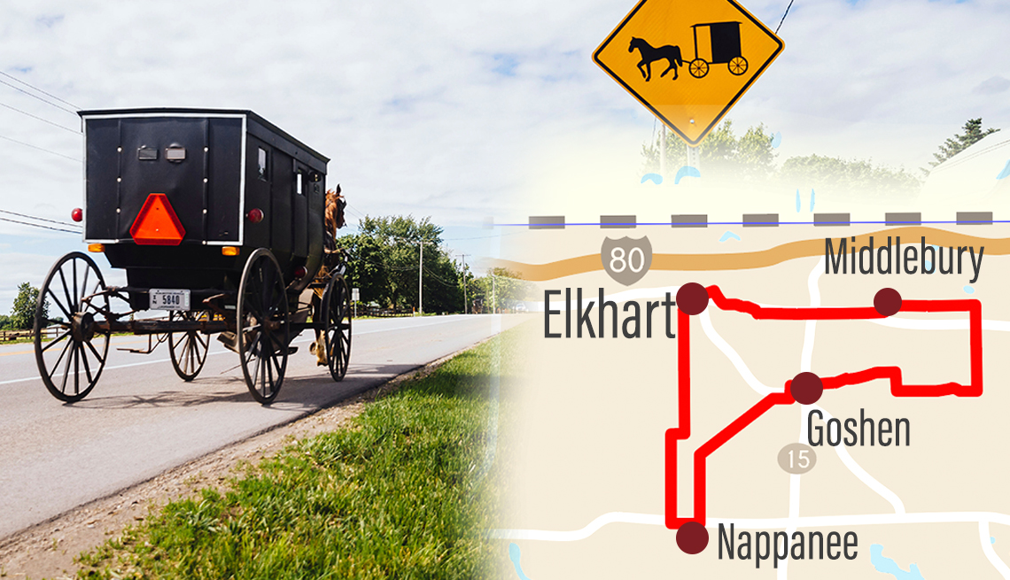 Indiana, Shipshewana, Amish buggy and horse sign, along with road trip route highlighted on a map