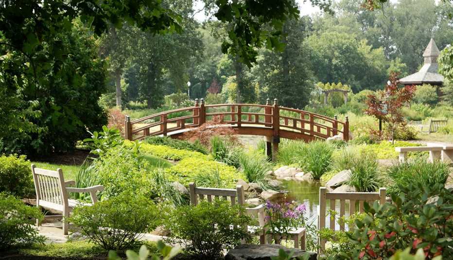 The Japanese garden and bridge at Wellfield Botanic Gardens in Elkhart, Indiana, USA.