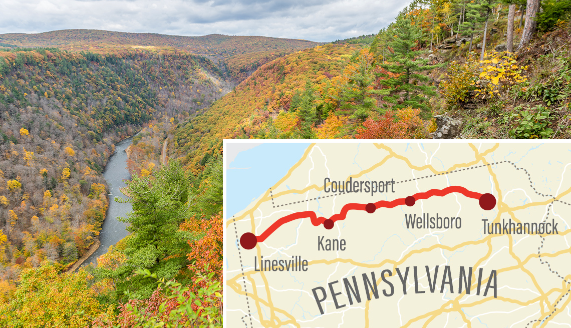 map of road trip over pine creek canyon in pennsylvania