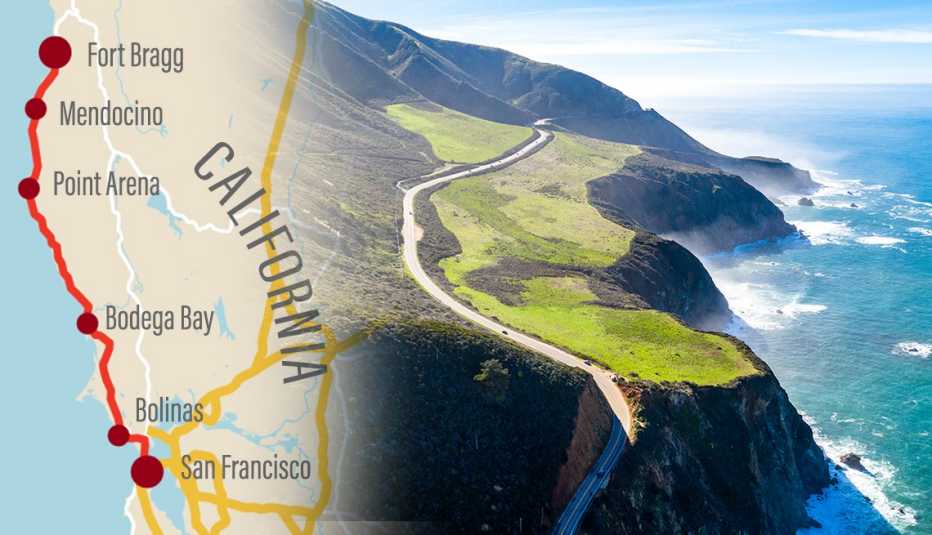 left a map of a road trip in california from san francisco to fort bragg right an aerial photo of coastal highway one in california