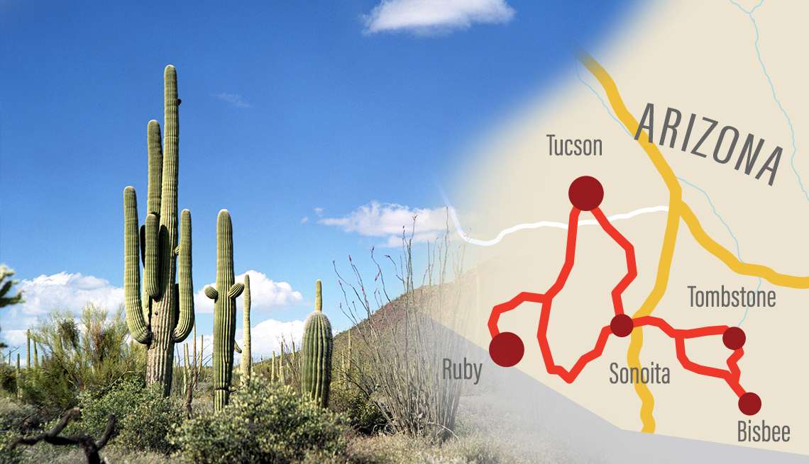 left saguaros national park in arizona right a map showing a route from tucson through bisbee and back