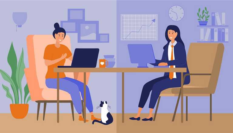 an illustration showing a woman working from home with a cat and a woman working at the office