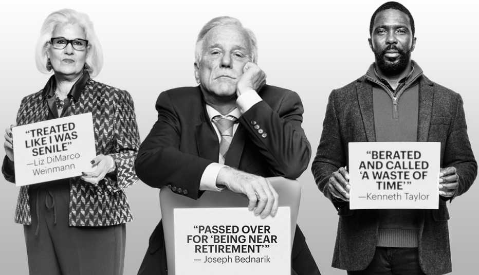 three people over age 50 are holding up signs that tell stories about ageism they faced  in the workplace