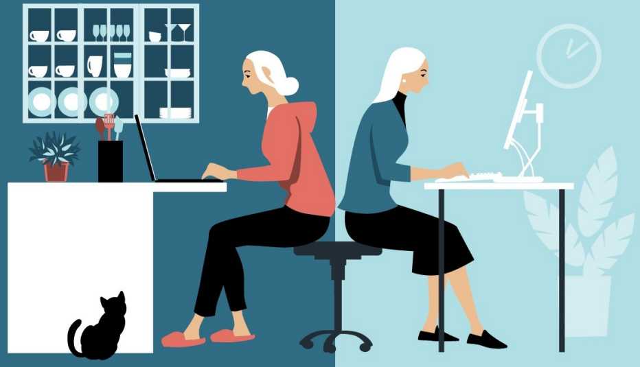 an illustration contrasting a woman working at the office and at home