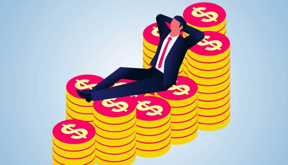 a man in a suit lying on a pile of coins marked with dollar signs