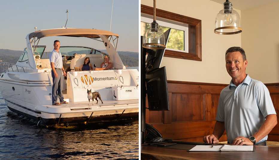 benjamin miller in two photos one on his boat with family and another in his home office in coeur dalene idaho