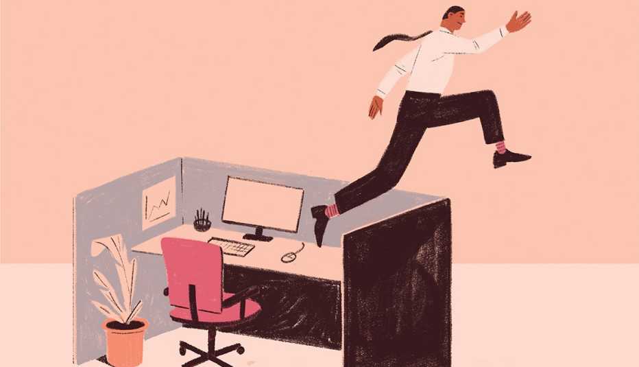 a man leaping over his work desk and out of his cubicle to freedom