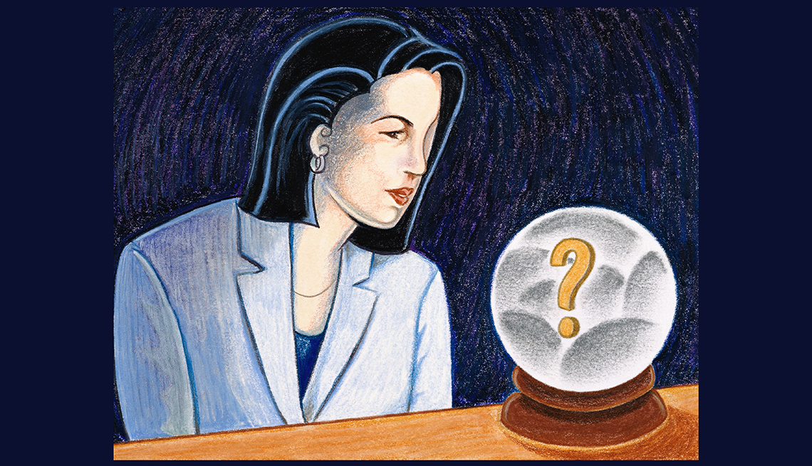 Woman with Crystal Ball Question Mark, Illustration Woman Making Decision, Career Decision, Heart or Head?
