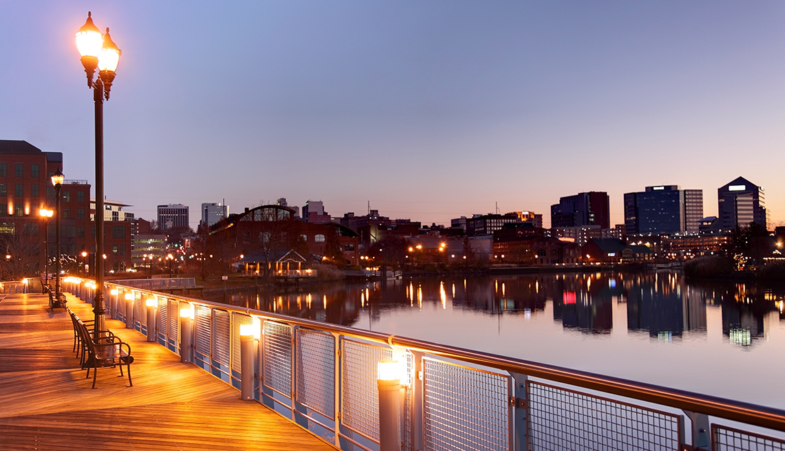 Evening skyline of Wilmington Delaware and its reflection in the river