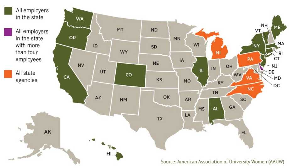 united states map with states that ban employers from asking about your salary history highlighted