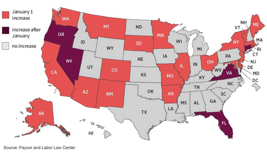 map of the united states showing which states will have minimum wage increases in twenty twenty one