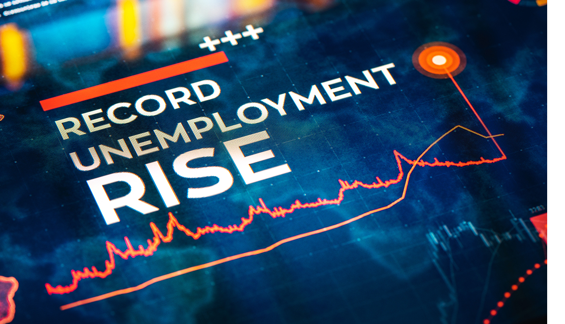 Record Unemployment Rise statistics illustrated by charts and diagrams on digital LCD display