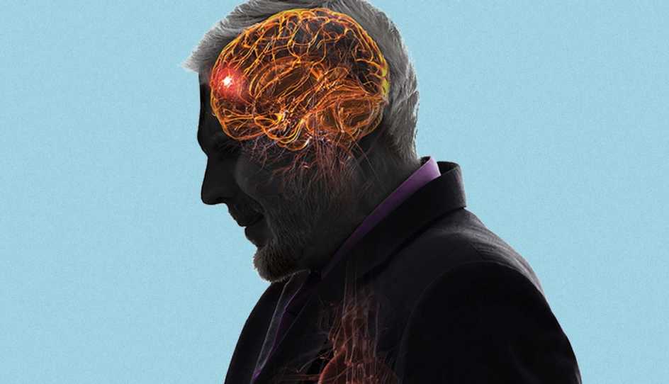 Perfil de un hombre mayor con una ilustración de un cerebro en colores brillantes.