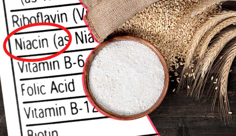 Etiqueta nutricional con niacina circulada en rojo y rodeada por imágenes de harina de arroz y trigo