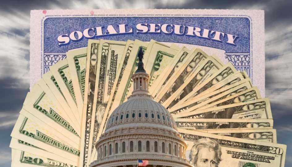 Compilacion de imagenes del Seguro Social, un abanido de billetes de 20 y la cúpula del Capitolio de Estados Unidos