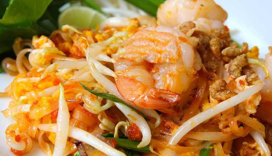 Thai food, stir-fried rice noodles.