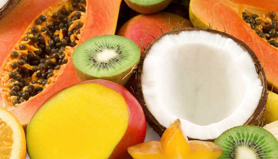 An Assortment Of Food Such As Passionfruit, Kiwi, Coconut And Mango, Healthy Living, Fruit Salad Recipes