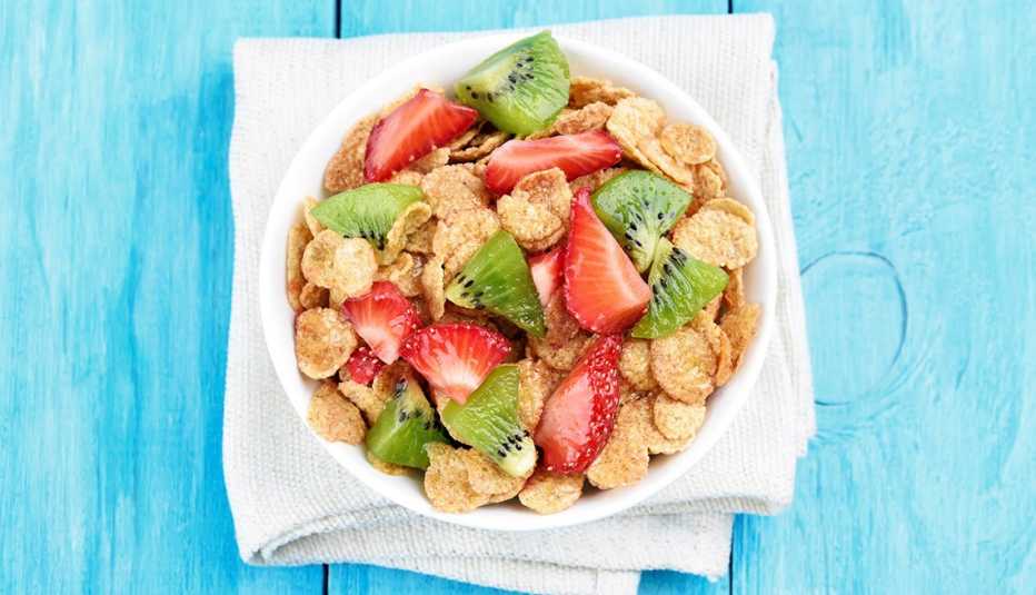 Cornflakes Cereal With Strawberry And Kiwi With Bright Blue Background, AARP Healthy Living, Fruit Salad Recipes