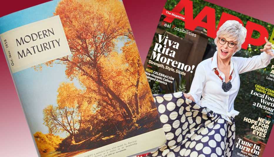 Revista antigua, Modern Maturity, al lado de la revista actual, AARP The Magazine, con Rita Moreno en la portada