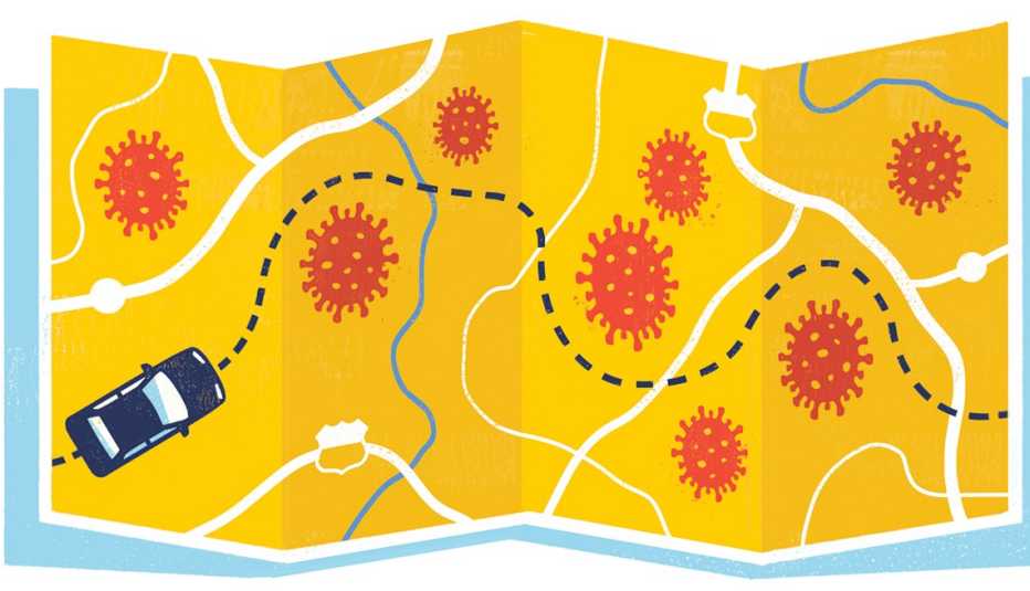 Ilustración de un mapa con imágenes de coronavirus y un automóvil
