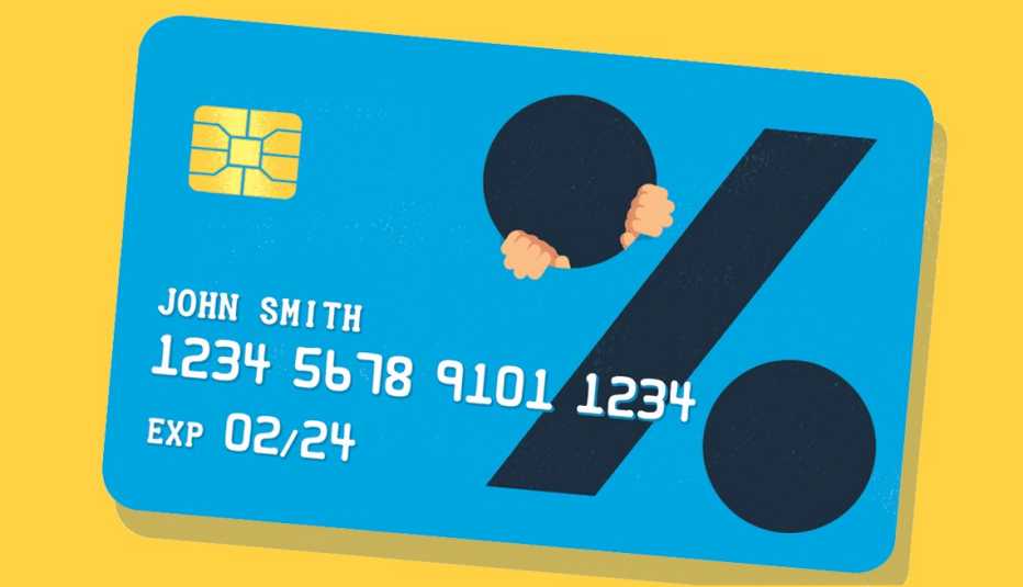 Ilustración de una tarjeta de crédito con un signo de porcentaje grande.